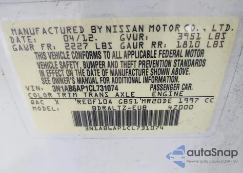 2012 Nissan Sentra 2.0 Sr from USA, damaged, VIN 3N1AB6AP1CL731074